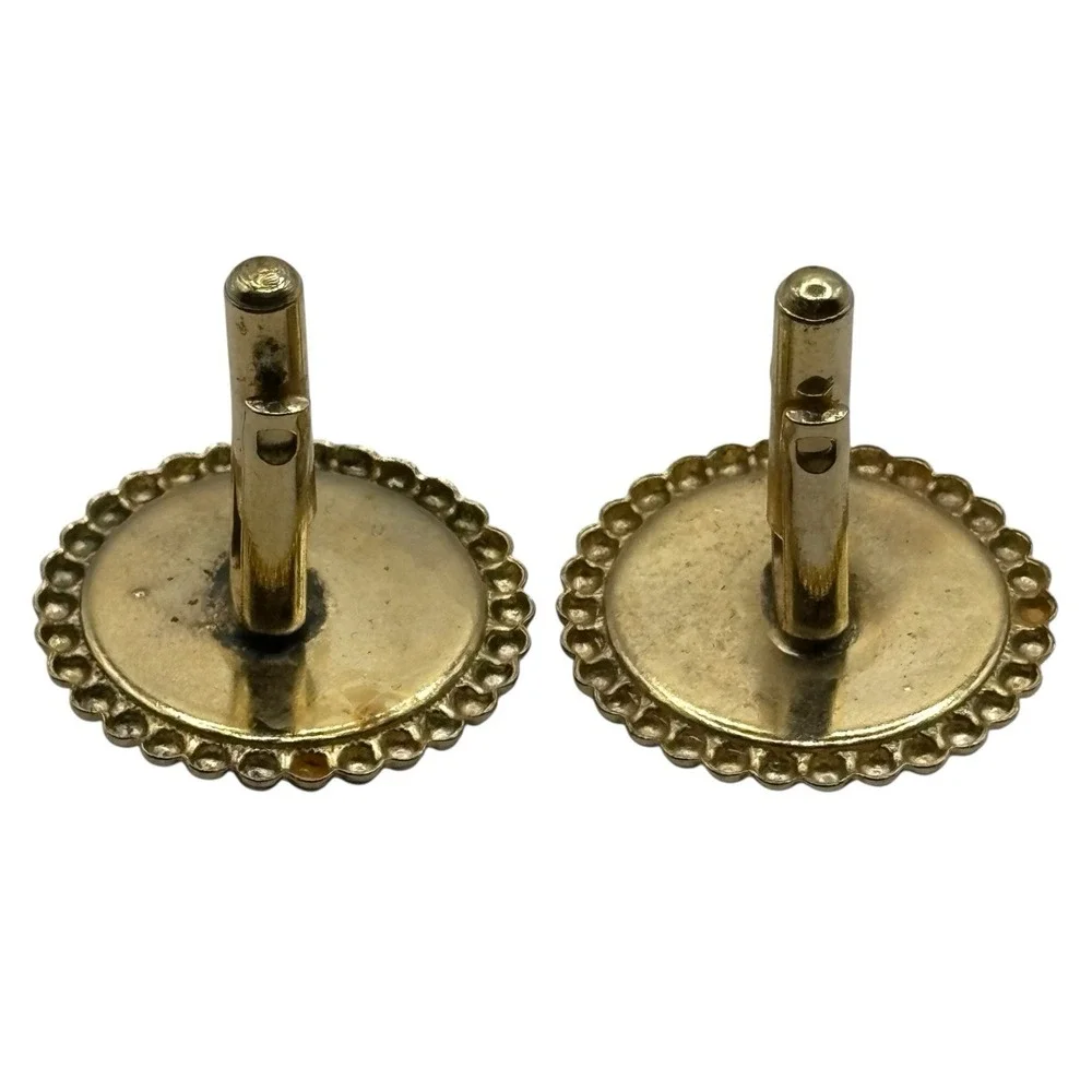 Fleur De Lis Cufflinks Vintage Black Enamel Round Ball‎ Metal Edges Gold Tone